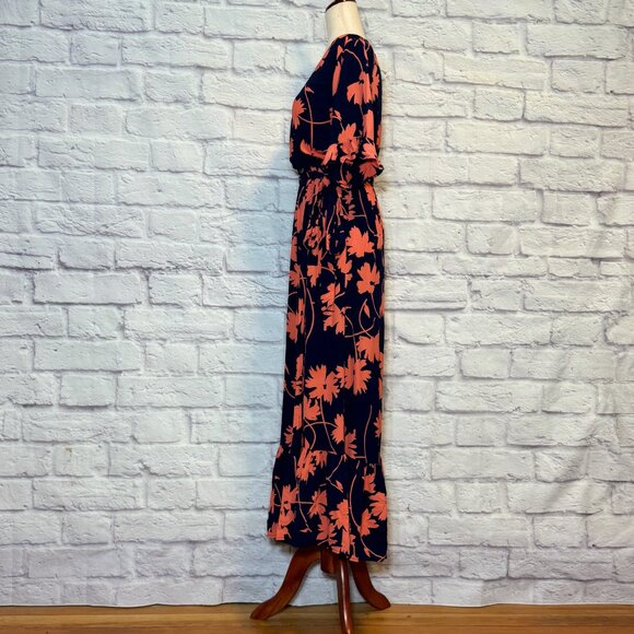 Lulus Lucy Love Enchanted Navy Blue & Coral Floral Faux Wrap Dress - Picture 3 of 6